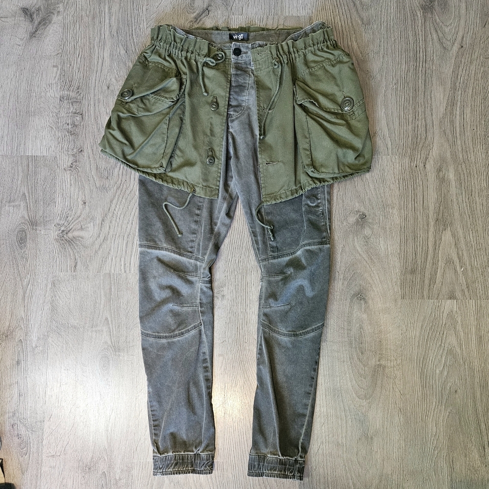 Upcycled Vintage Army Green Gray Cargo Barrel Pants with Peplum cut
